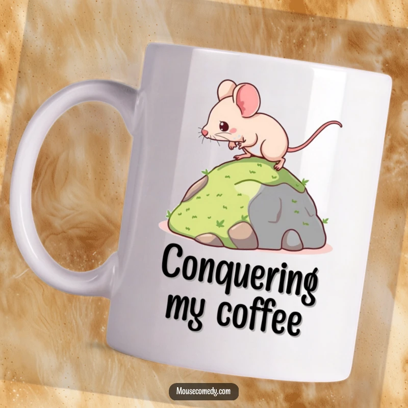 Funny mug showing a determined kawaii mouse with a strong gait, climbing a miniature hill, symbolizing perseverance and achieving goals humorously.