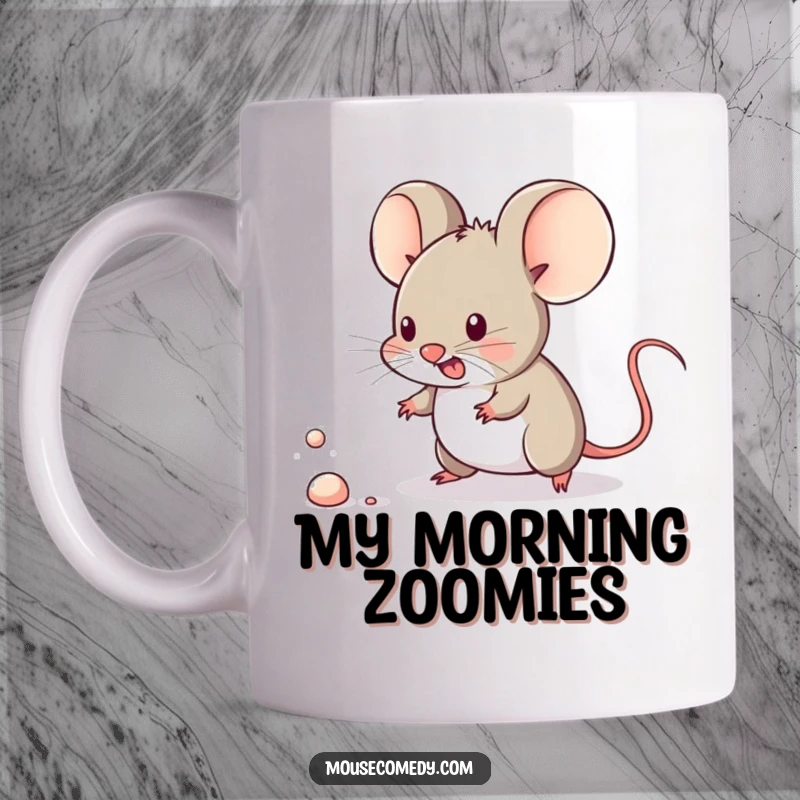 Funny kawaii mouse character with big eyes, comically chasing a tiny dust speck on a ceramic mug, full of determination.