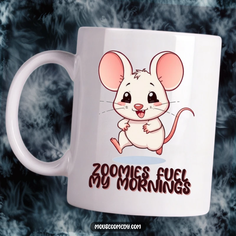 Funny mug featuring a kawaii mouse with huge ears, joyfully scampering at top speed, embodying energetic cuteness and playful motion.