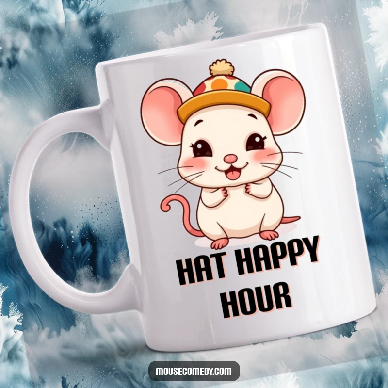 Funny Kawaii Mouse Mug: A cute mouse sporting a comically oversized, silly hat, with a look of pure, comical delight.