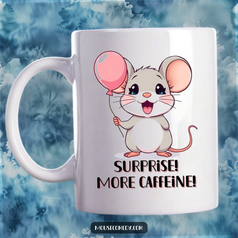 Funny kawaii mouse mug, depicted with wide eyes and an open mouth in exaggerated surprise, holding a minuscule balloon.