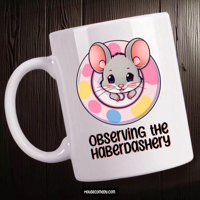 Funny mug showing a small mouse peeking out slyly from behind a large, vibrant button, full of curiosity.