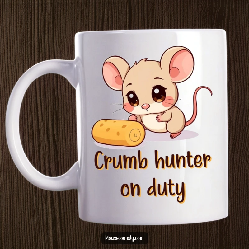 Funny Mouse Chasing Crumb Mug: A comical mouse with enormous, wide eyes intensely pursues a single, rolling crumb across a surface.
