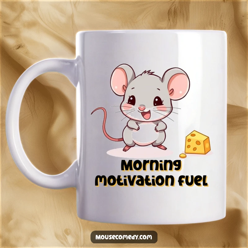 Funny Mouse Mug: An adorable mouse joyfully chasing a tiny piece of cheese, celebrating deliciousness.