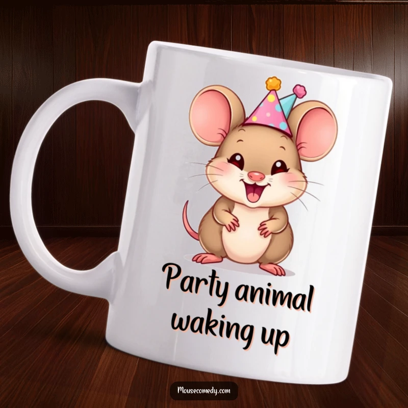 Funny Mouse Cub Party Mug: A cheerful mouse cub wears a tiny party hat and squeaks with pure, unadulterated joy and excitement.