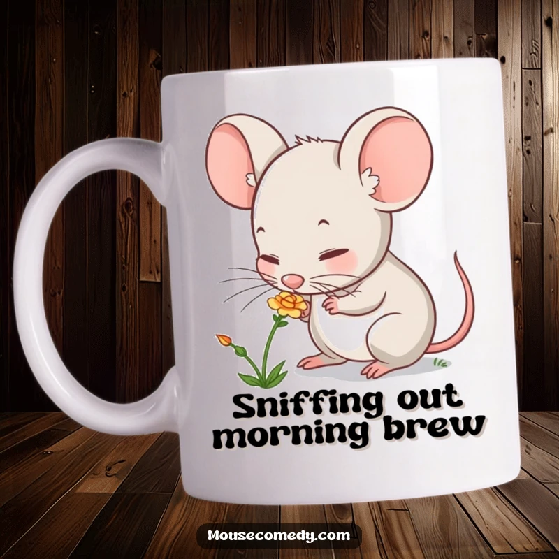 Funny mouse mug with a cute character curiously sniffing a vibrant, delicate flower, showcasing a moment of gentle exploration and joy.