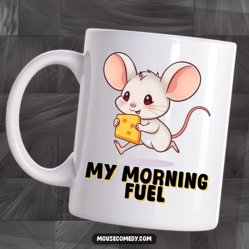 Funny mouse mug featuring a tiny, large-eared mouse desperately scampering with a giant slice of cheese, radiating pure determination.