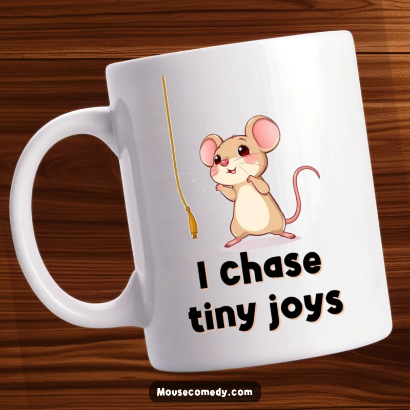 Funny mouse mug depicting a rodent in mid-air, playfully leaping towards a dangling string with excitement, a gift for the playful.