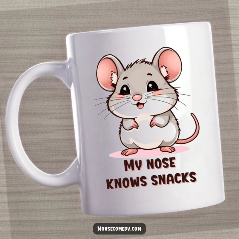 Funny mouse mug with energetic whiskers sniffing the air, conveying excitement and curiosity, a perfect gift for enthusiasts.