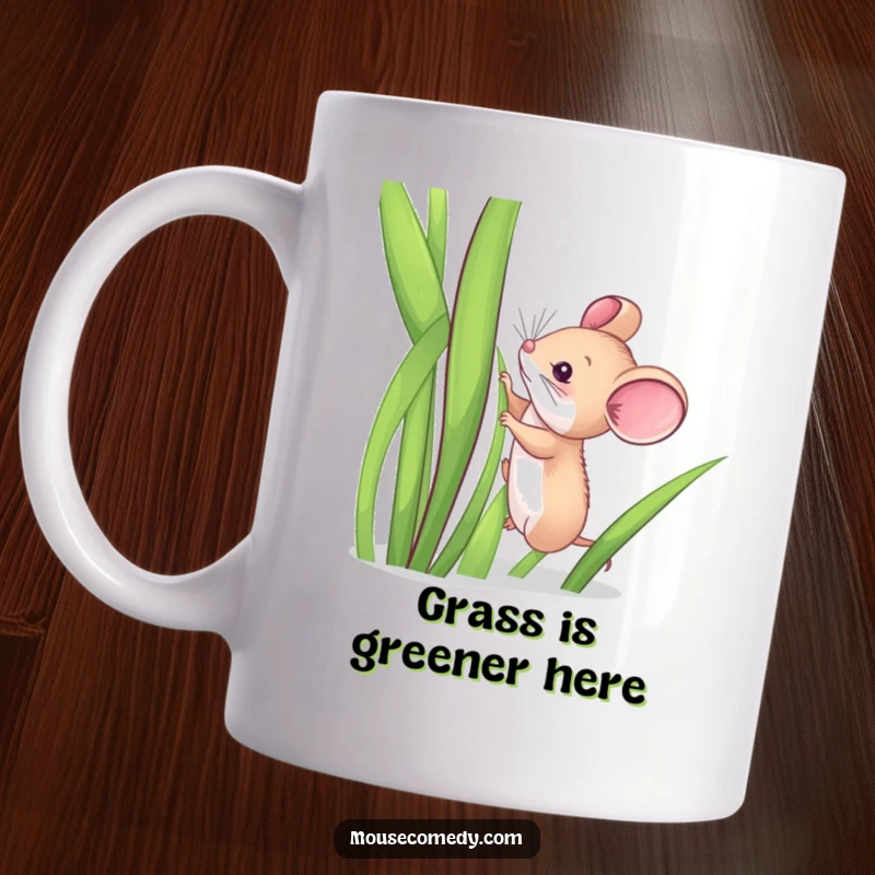 Funny mug featuring a determined little mouse hilariously attempting to scale a towering blade of grass, showcasing perseverance and humor.