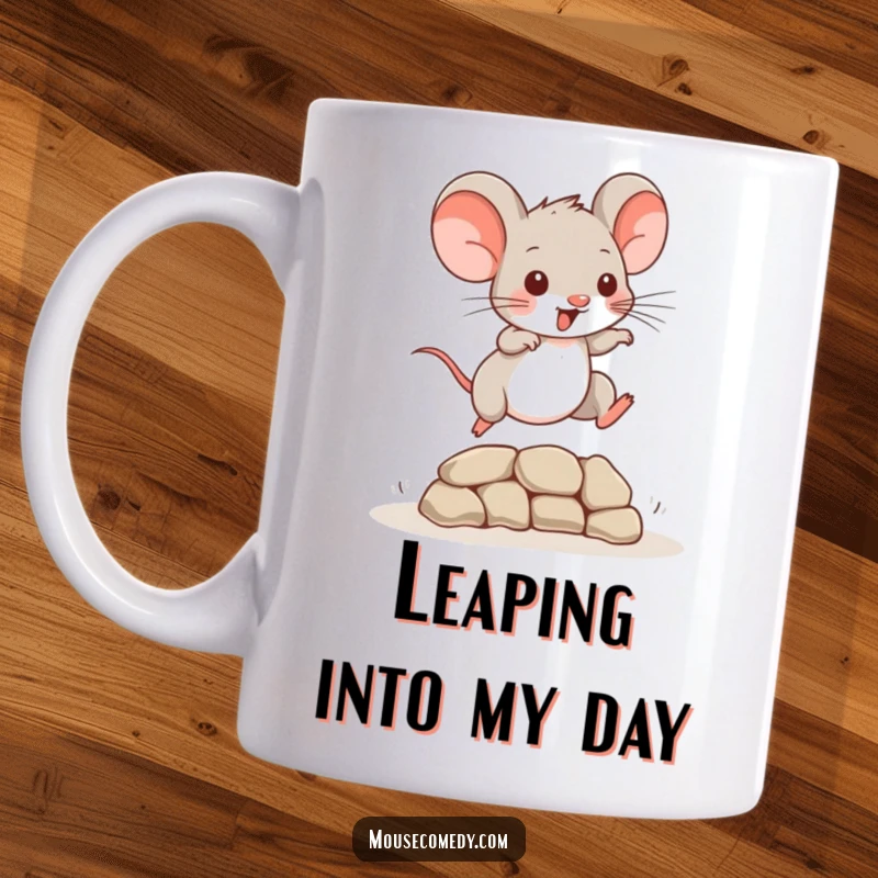 Funny Mouse Mug: A playful mouse energetically leaping over a small obstacle, showcasing agility and fun.