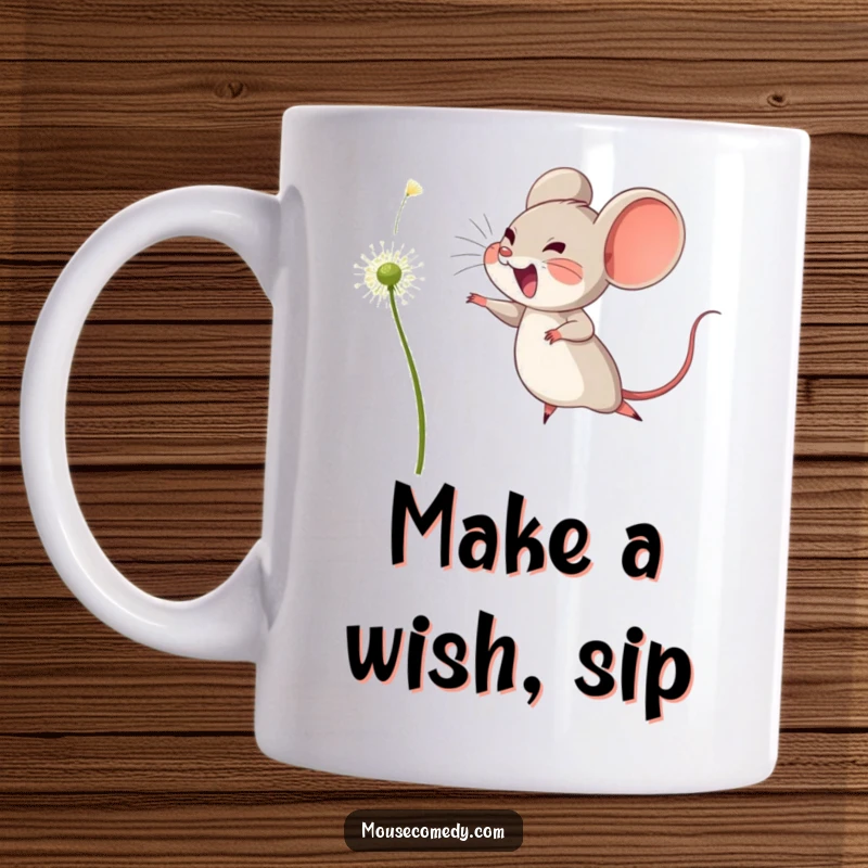 Funny mug showcasing a joyful mouse mid-leap, playfully reaching for a floating dandelion seed, full of energy and happiness.