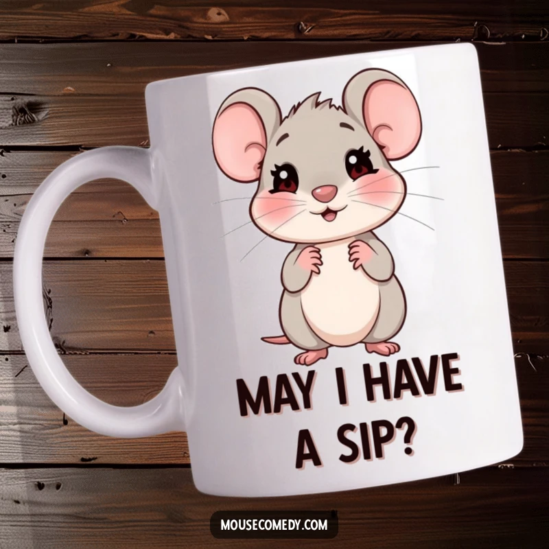 Funny mug depicting a small, friendly mouse with big, shy eyes looking expectantly, conveying gentle humor.
