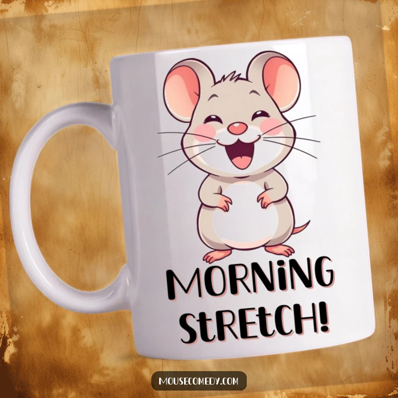Funny joyful mouse mug, emitting a happy squeak, stretching its whiskers with full of energy and cheerful delight.