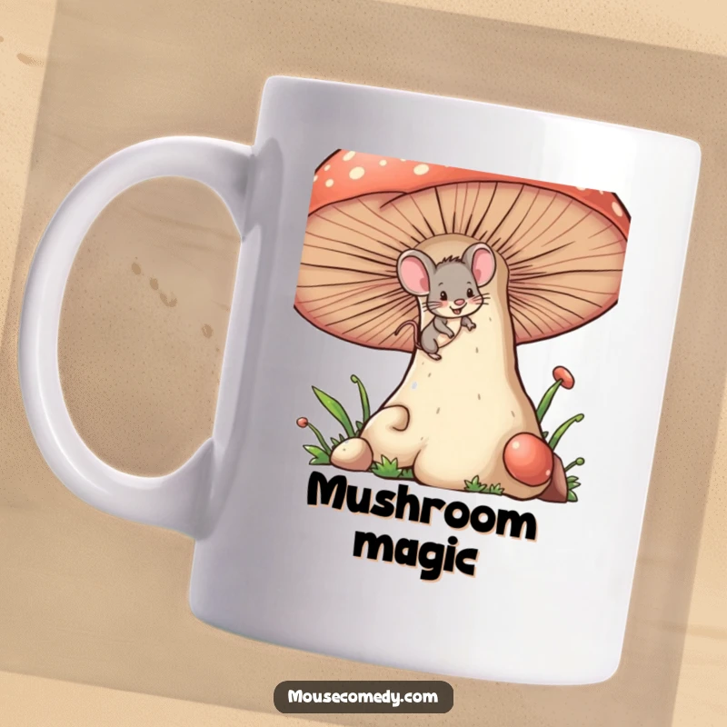 Funny tiny mouse mug, with a mischievous wink, climbing a giant mushroom, suggesting adventure and playful exploration.