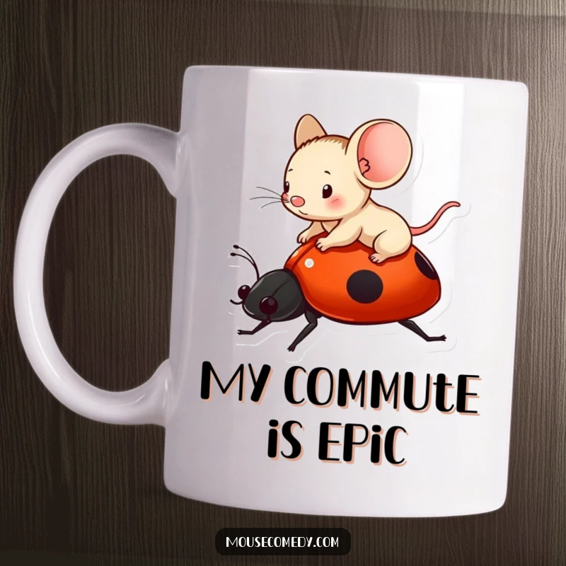 Funny tiny mouse gleefully riding on the back of a bright red ladybug, printed on a ceramic mug.
