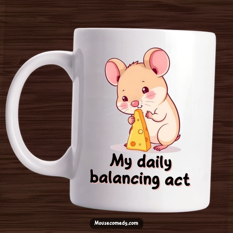 Funny kawaii mouse mug, expertly balancing a tiny cheese speck on its nose with extreme concentration and a hint of mischief.