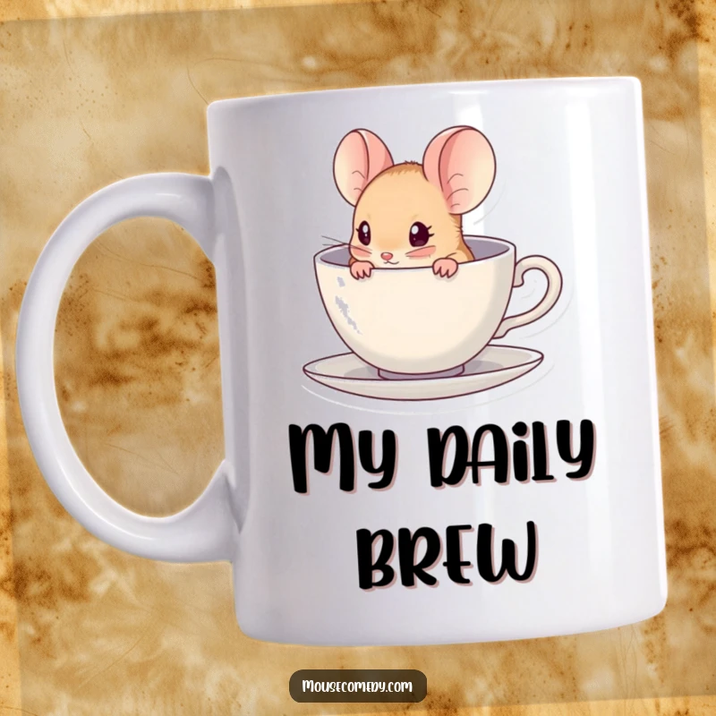 Funny kawaii mouse peeking mischievously from inside a tiny, delicate teacup on a ceramic mug.