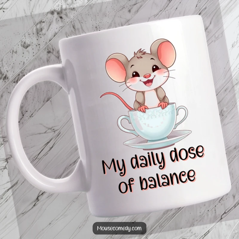 Funny mouse teacup mug design featuring a happy mouse with a wide grin joyfully balancing on the rim of a teacup.