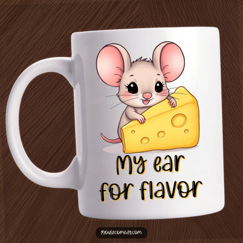 Funny Mouse Mug: A tiny mouse with enormous ears beams with joy holding a huge wedge of cheese, a comical feast.