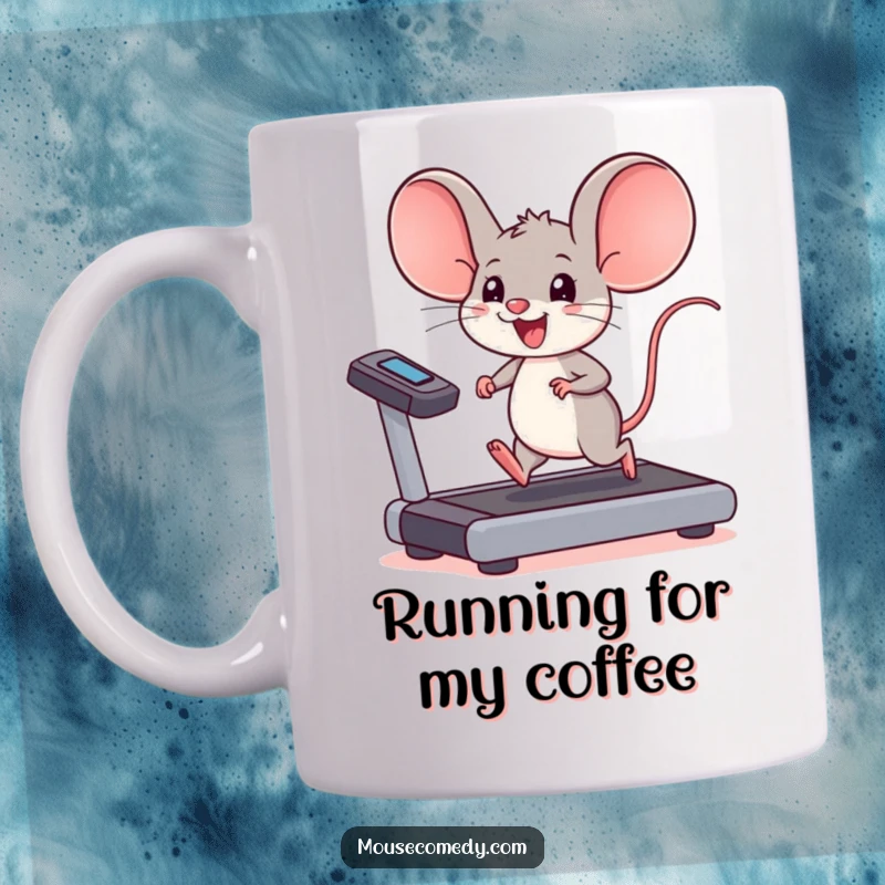 Funny kawaii mouse mug, a mouse with oversized ears joyfully running on a treadmill, symbolizing energetic fitness.