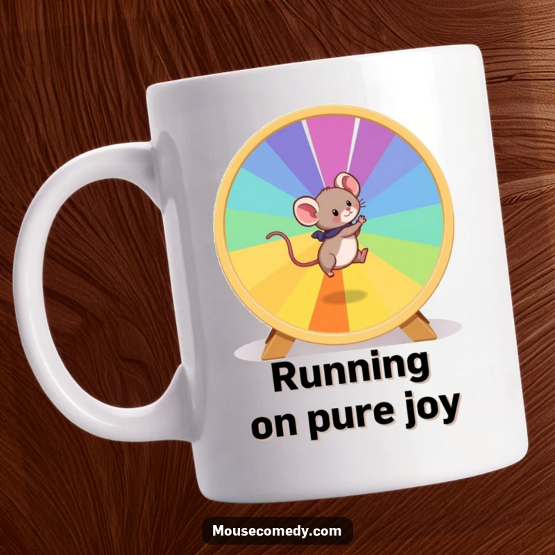 Funny Mouse Mug: A playful mouse energetically runs on a giant, vibrant, colorful hamster wheel, full of motion.