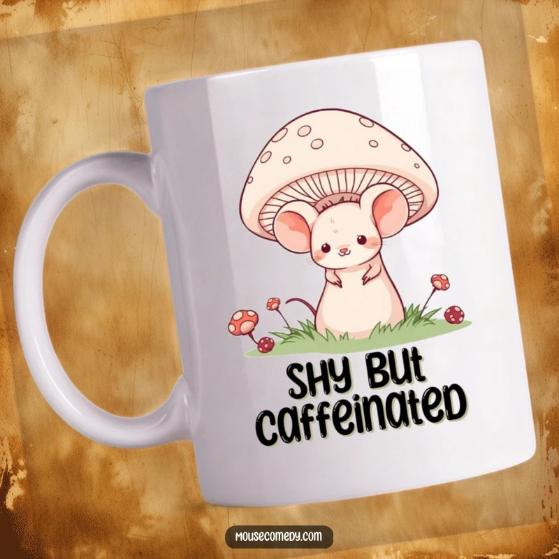 Funny mug showing a small mouse with a shy, sweet smile peeking out from behind a large, colorful mushroom.