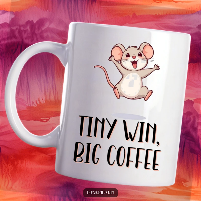 Funny mug showing a small mouse performing a joyful, triumphant leap with its tail held high in celebration.