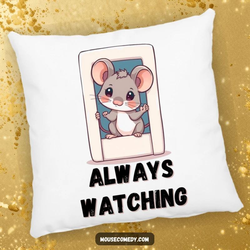 Funny curious mouse pillow, depicting a small mouse with a tilted head peeking out of a miniature door, offering comfort and humor.