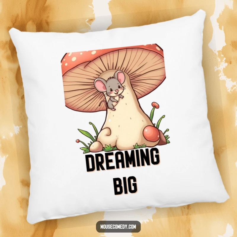 Funny tiny mouse pillow, with a mischievous wink, climbing a giant mushroom, offering comfort and a sense of playful adventure.