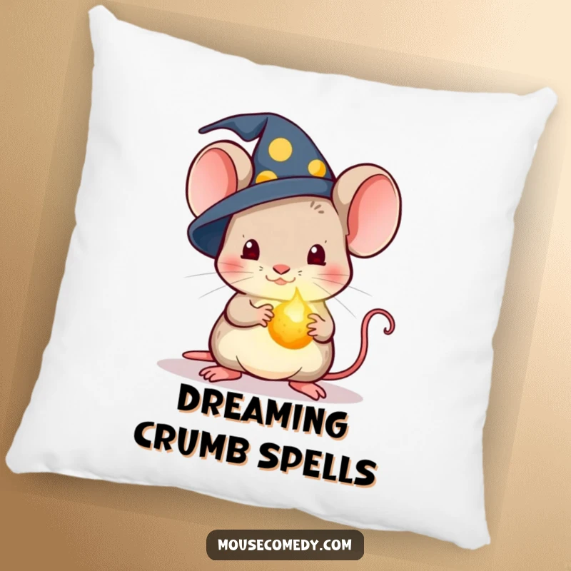 Funny Kawaii Wizard Mouse Pillow: A soft pillow featuring a mouse in a wizard hat holding a glowing crumb.