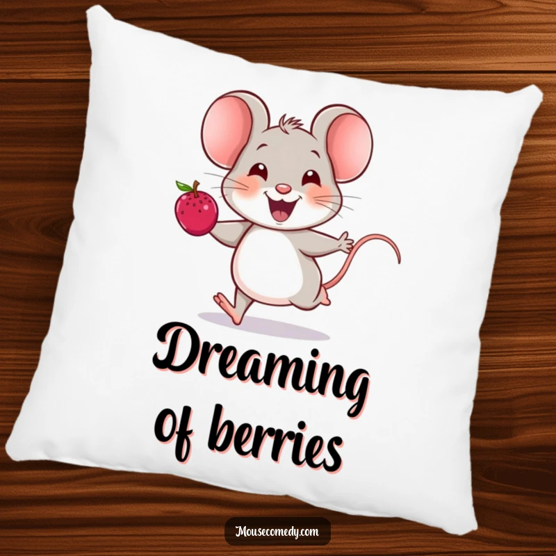 Funny mouse pillow with a cheerful mouse running with a berry, its squeak of joy palpable and heartwarming.