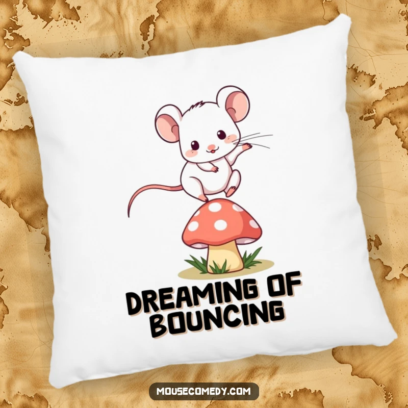 Funny kawaii mouse playfully jumping over a miniature mushroom on a soft, decorative throw pillow.