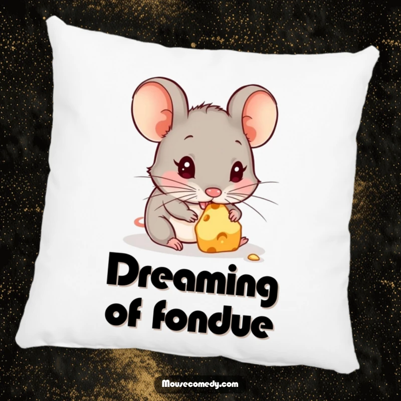 Funny pillow showcasing a blissfully happy mouse, eyes closed in delight while nibbling on a small piece of cheese, pure comfort.