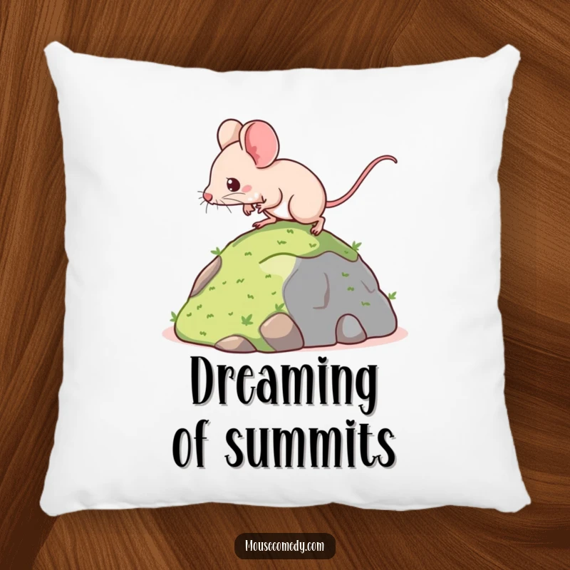 Funny pillow with a determined kawaii mouse climbing a miniature hill, offering plush comfort and humorous motivation for aspiring climbers.