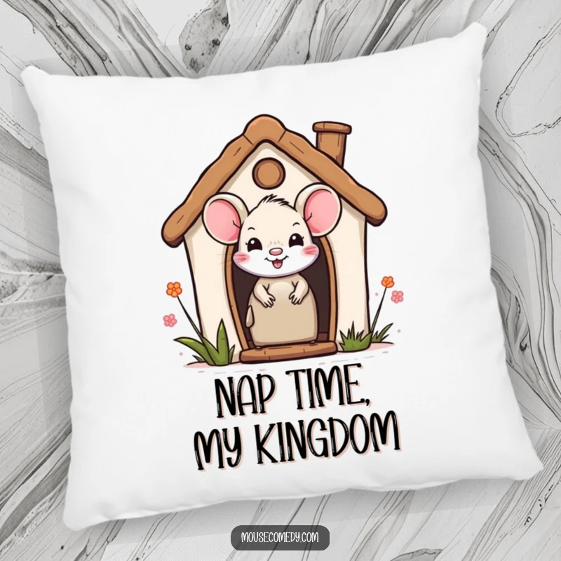 Funny pillow showcasing a smiling mouse peeking from a sweet miniature house, offering a visual representation of comfort and home.
