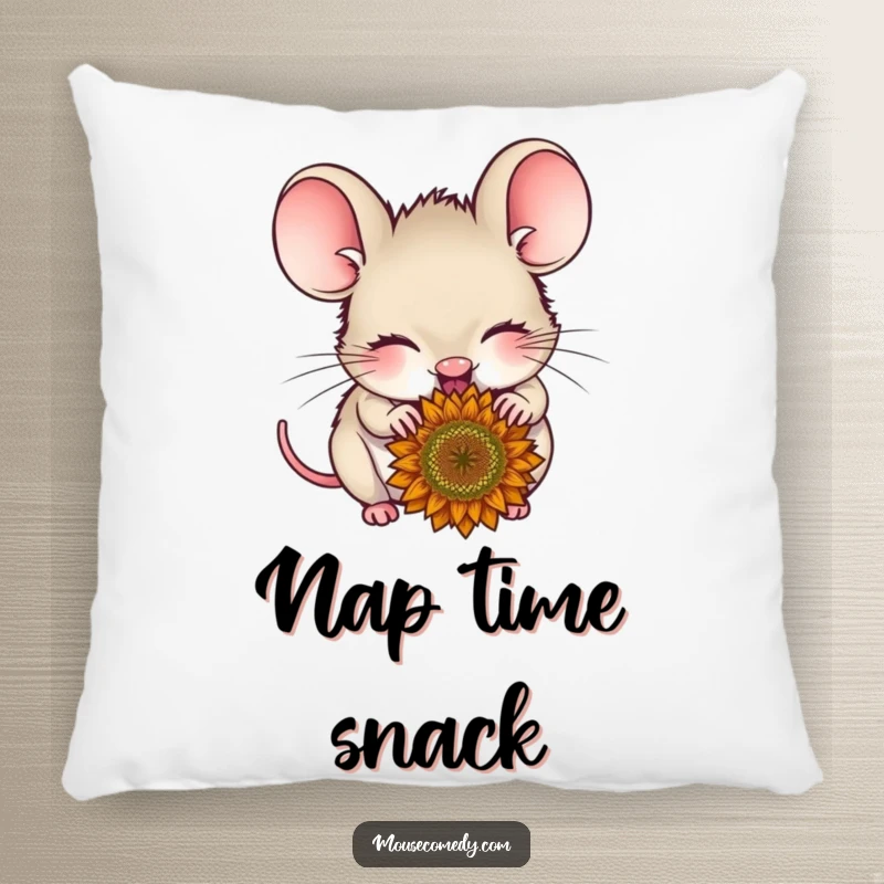 Funny delighted mouse pillow, with closed eyes, nibbling a sunflower seed, offering comfort and a sweet, happy feeling.