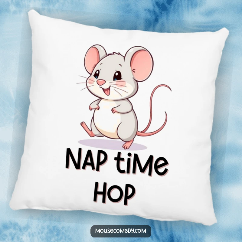 Funny mouse pillow with a happy mouse doing a little hop, its tail wagging with uncontrollable joy.
