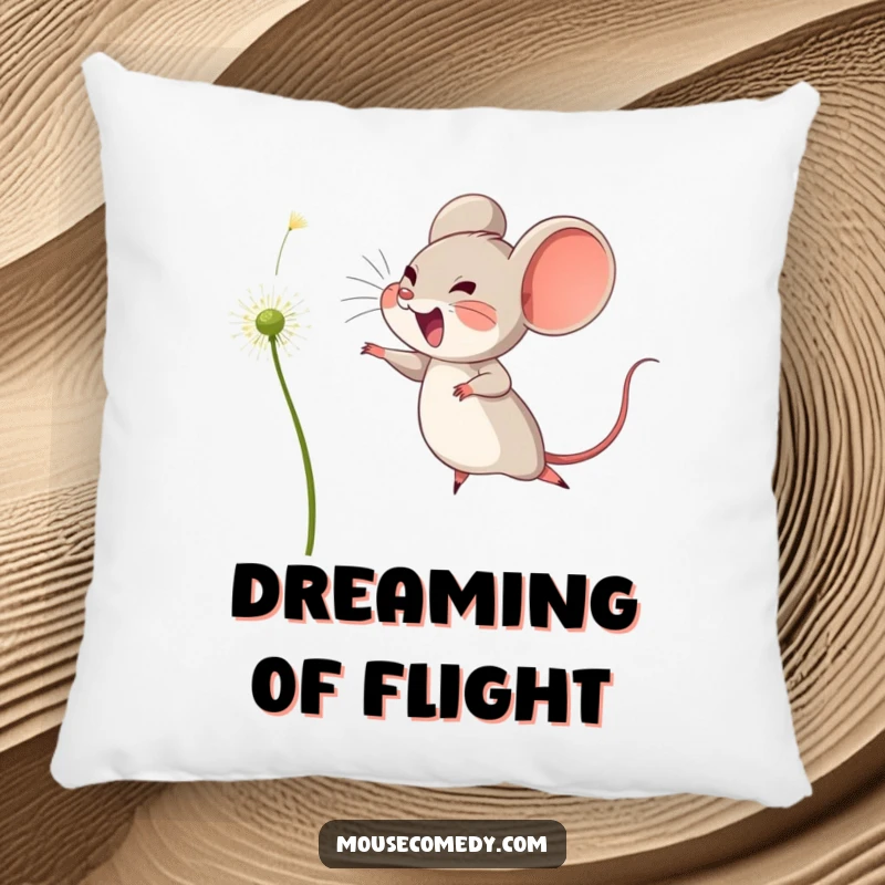 Funny pillow showcasing a joyful mouse in a dynamic leap, reaching for a floating dandelion seed, embodying pure bliss and comfort.