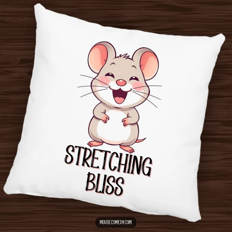 Funny joyful mouse pillow, with a happy squeak, stretching its whiskers, offering comfort and a cheerful, playful touch.