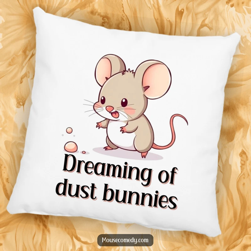 Funny kawaii mouse vigorously chasing a tiny dust speck on a soft, decorative throw pillow.