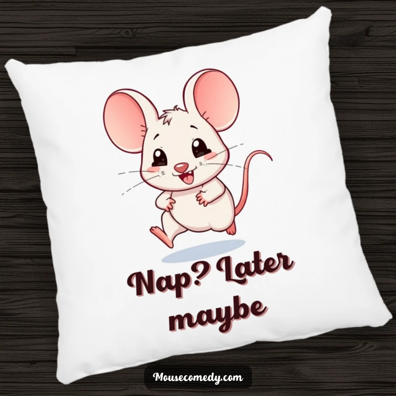 Funny pillow with a soft texture, showing a kawaii mouse with giant ears, joyfully scampering, perfect for adding cute and humorous comfort.
