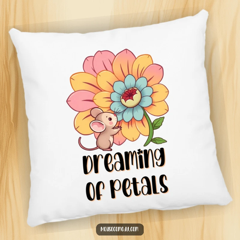 Funny kawaii mouse looking inquisitively at a stunning, large flower, bringing comfort and humor to this plush pillow.
