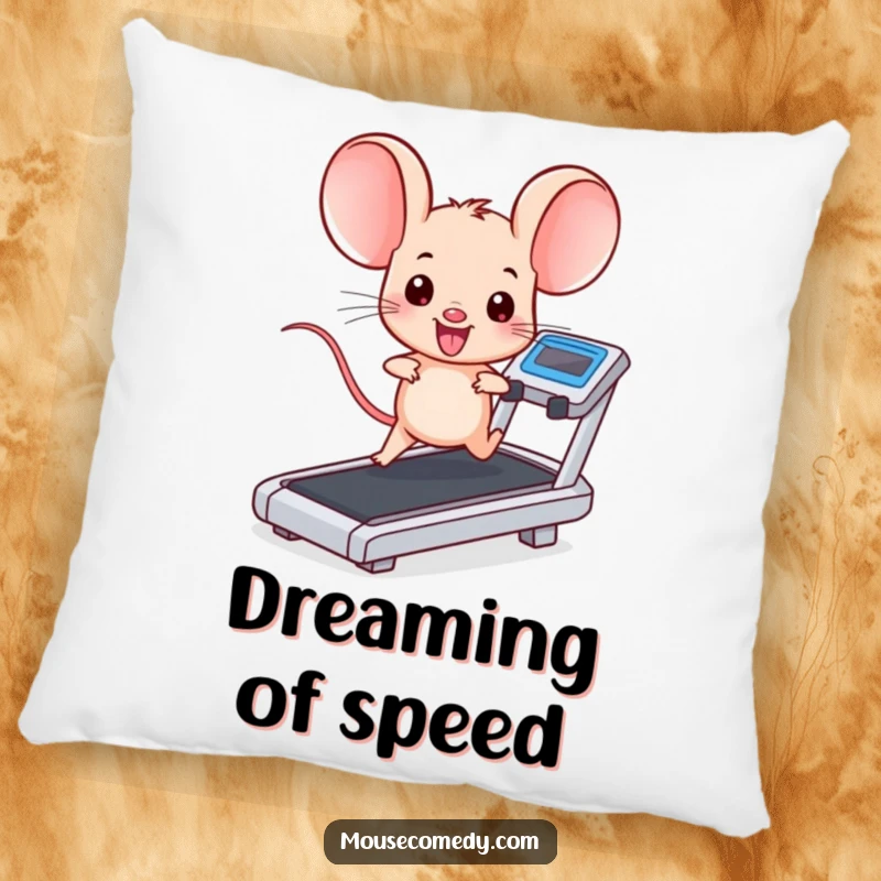Funny kawaii mouse with big ears, running on a treadmill, offering comfort. An adorable and funny gift for relaxation.