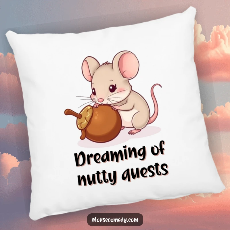 Funny pillow design of a mouse playfully pushing a rolling acorn with its nose, evoking a sense of gentle adventure.