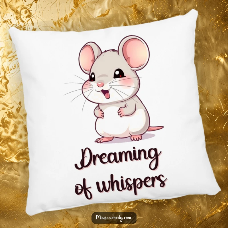 Funny pillow design of a mouse with its whiskers twitching eagerly, focused on an unseen sound, evoking a sense of curiosity.