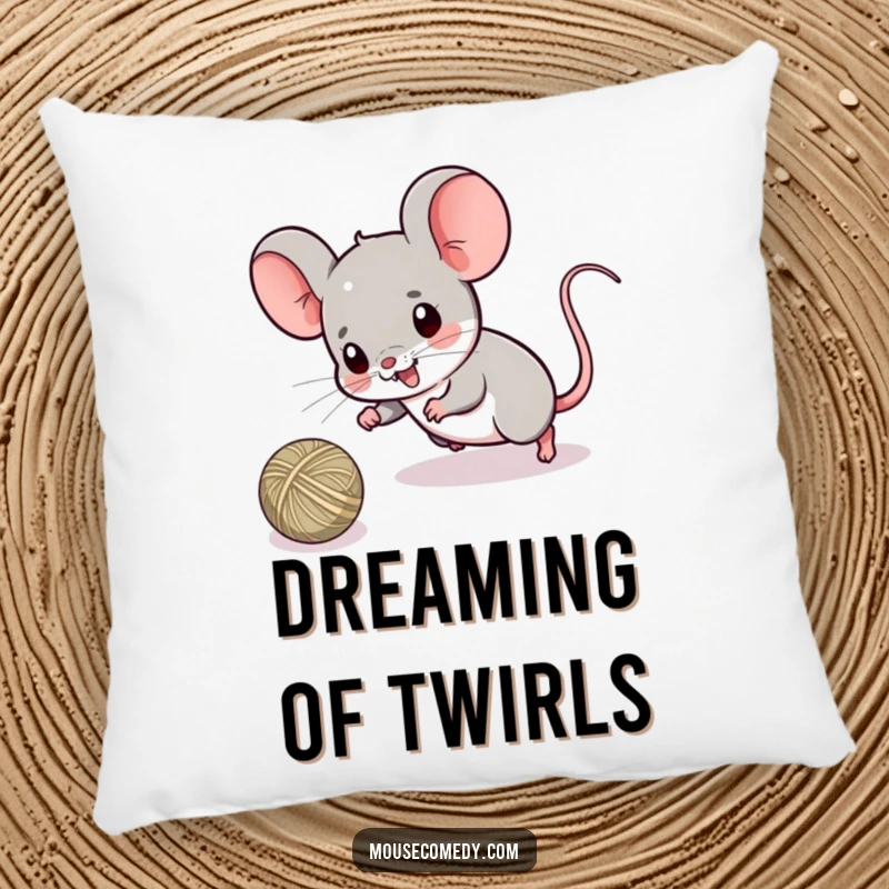 Funny pillow with a cute kawaii mouse cozily nestled, dreaming of playfully chasing a ball of string, the epitome of comfort.