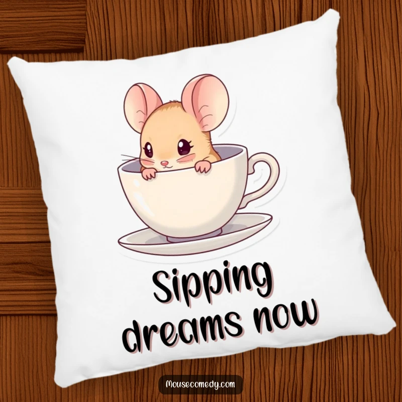 Funny kawaii mouse peeking from inside a miniature teacup on a soft, decorative throw pillow.