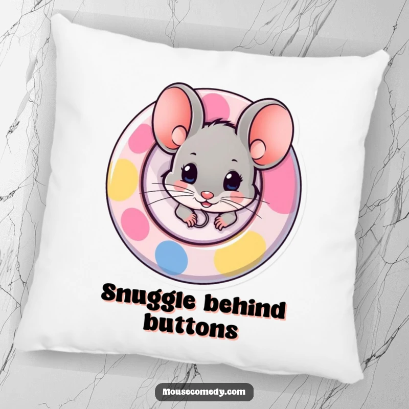 Funny pillow design of a mouse peeking out from behind a large, colorful button, evoking a sense of gentle mischief.