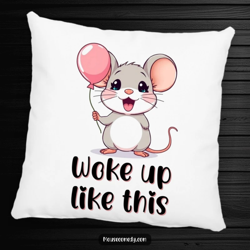 Funny kawaii mouse pillow, depicting a mouse with comically surprised features holding a ridiculously small balloon, exuding playful astonishment.
